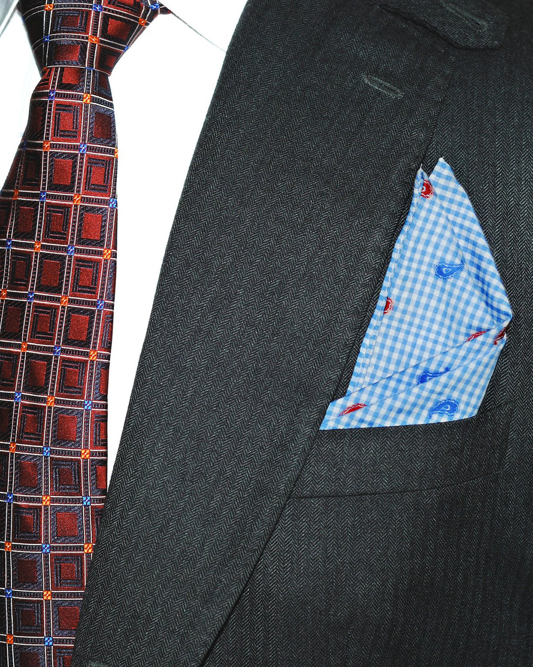 Red Blue Paisley Embroidered Pocket Square - 4