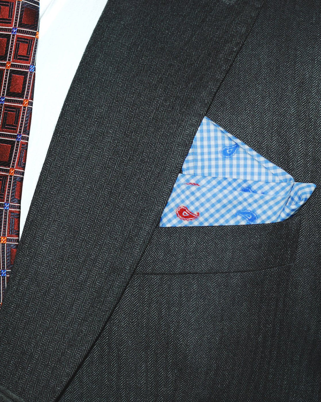 Red Blue Paisley Embroidered Pocket Square - 3