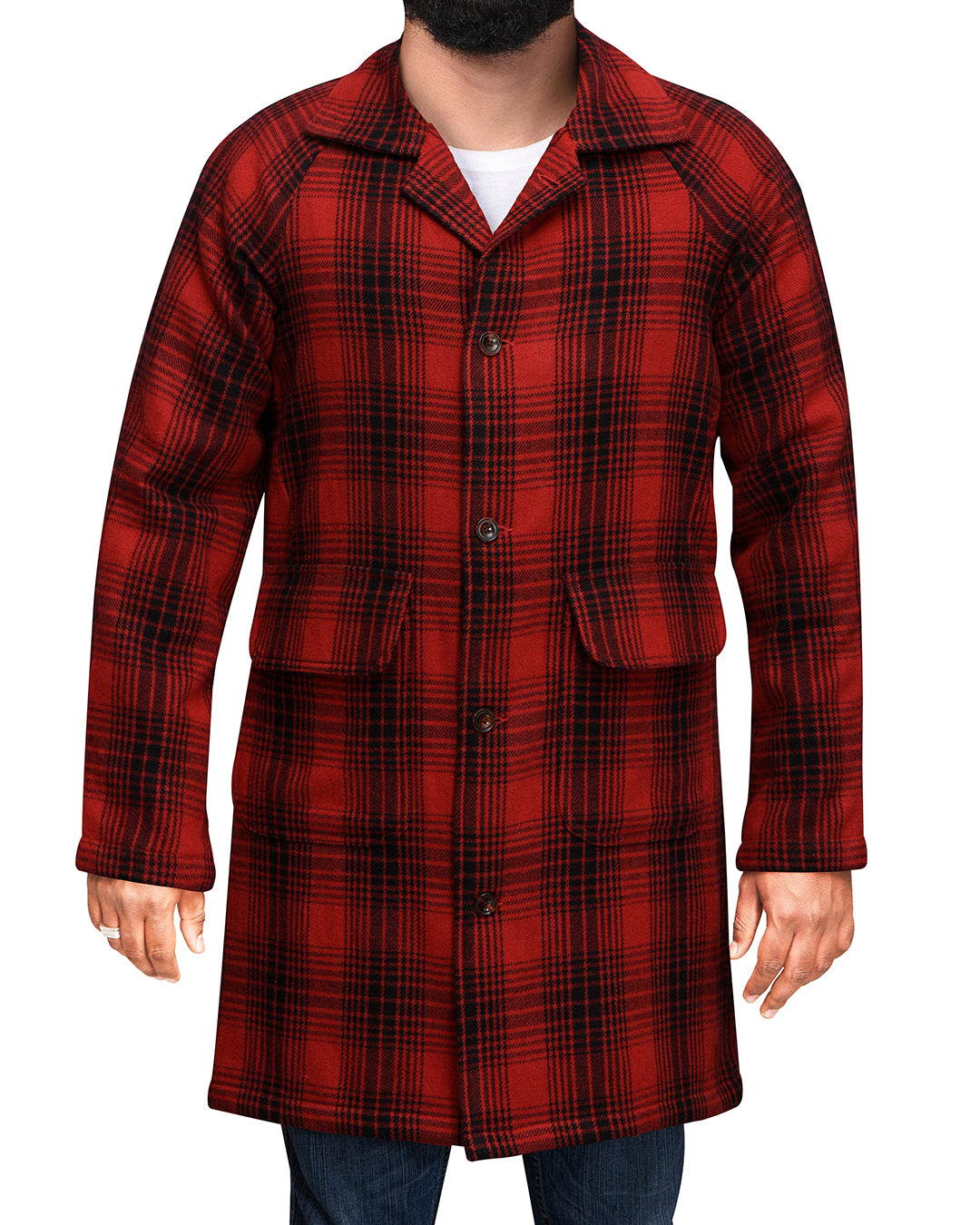 Red Black Plaid Wool Coat - 1