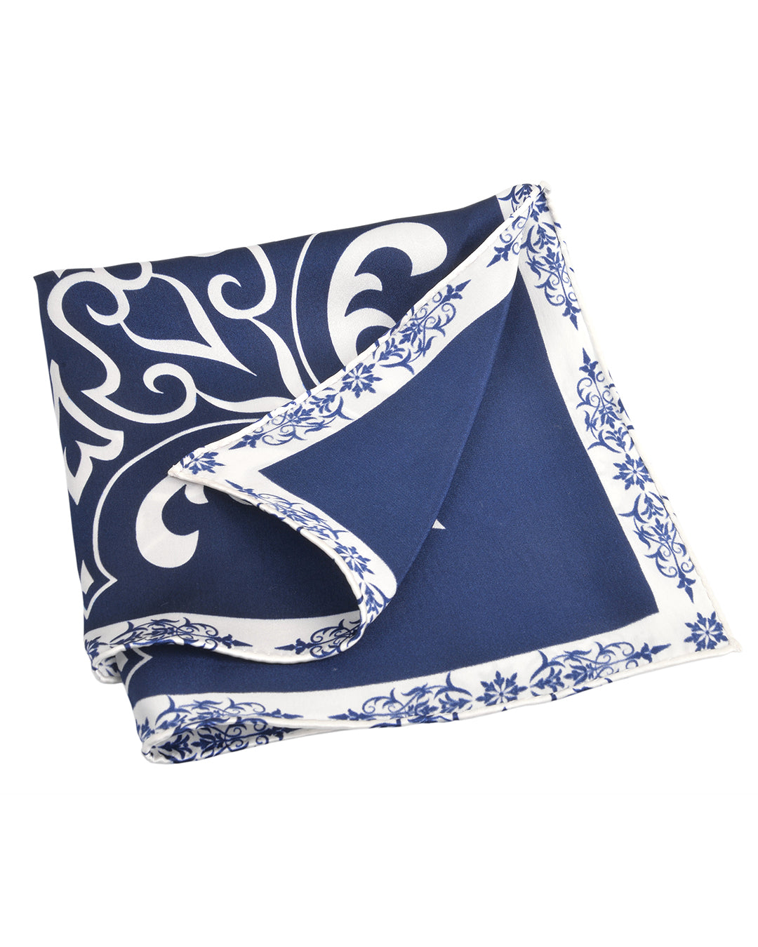 Pocket Square- White Print On Navy - 3