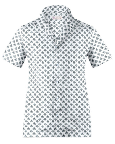 Camp collar PRESET STYLE in Linen:Black Flowers Printed on White Linen