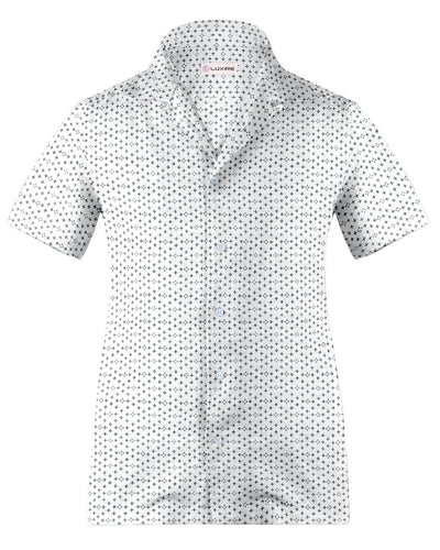 Camp collar PRESET STYLE in Linen:Black Flowers Printed on White Linen